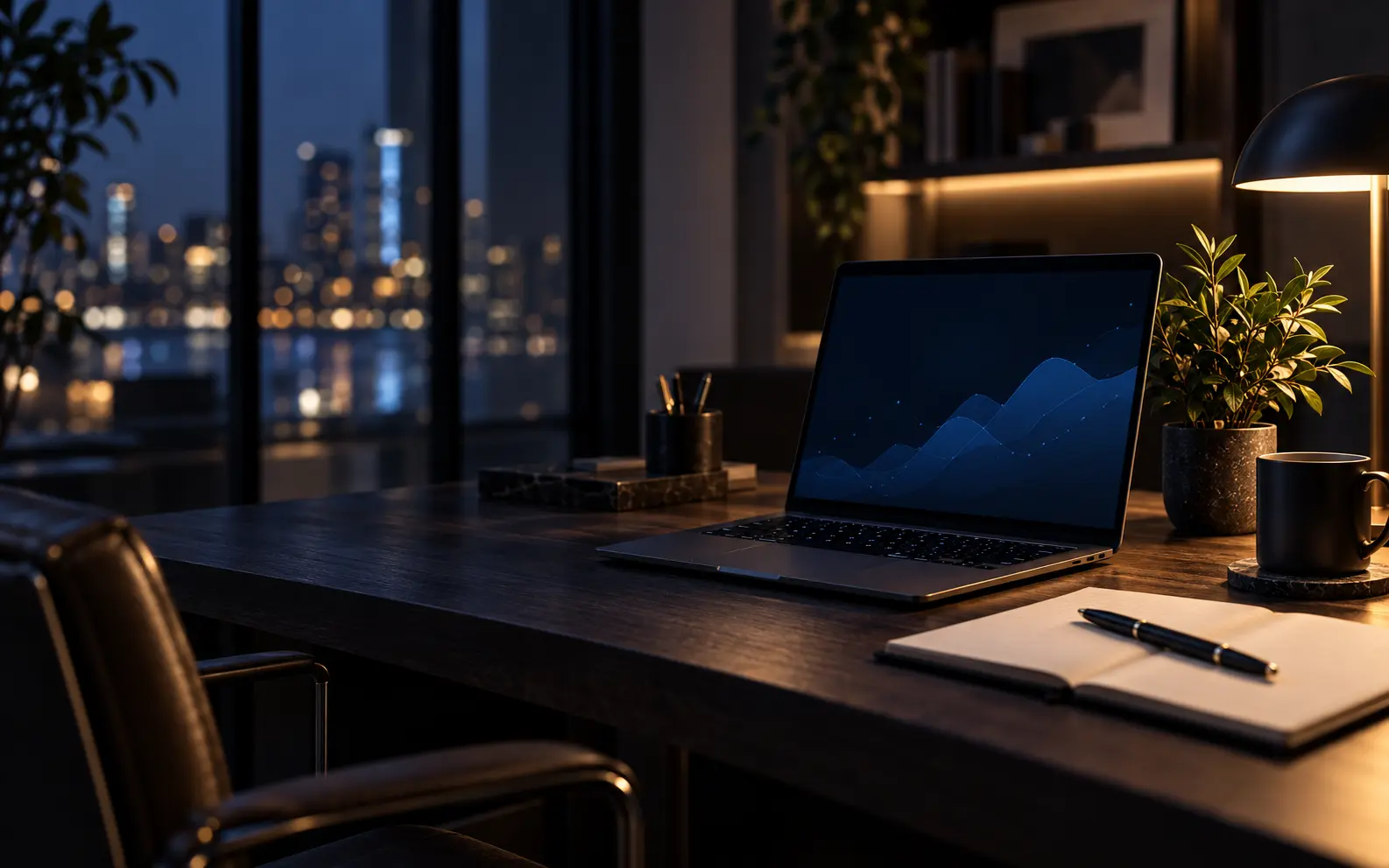 Ambiente de trabalho de Erick Guerra com notebook e iluminação acolhedora