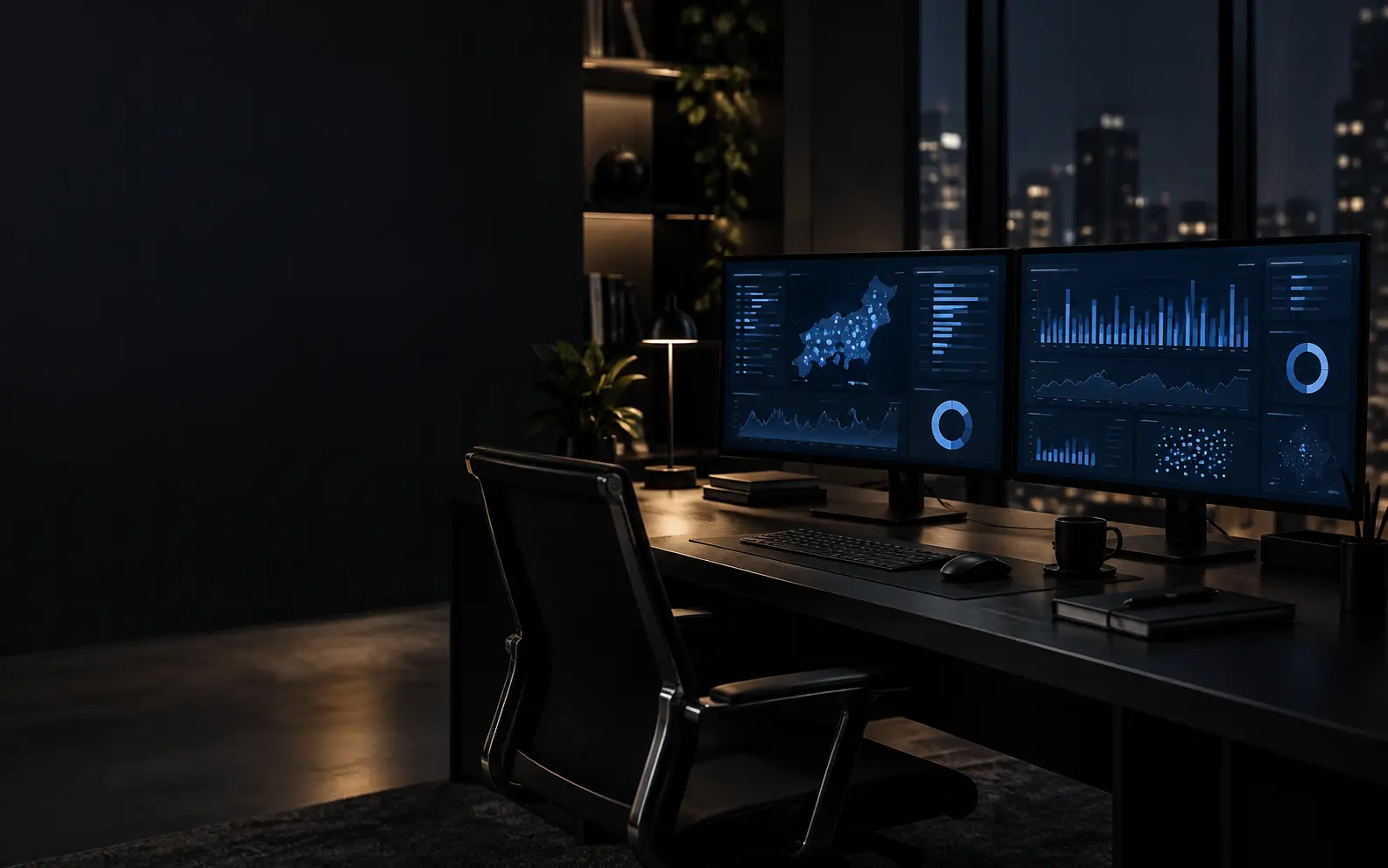 Estação de trabalho escura com monitores exibindo visualizações de dados e mapas